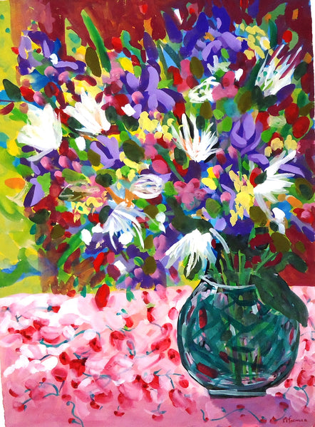 Flowers on a Pink Table, gouache on paper painting by Cerulean Arts Collective Member Ruth Formica