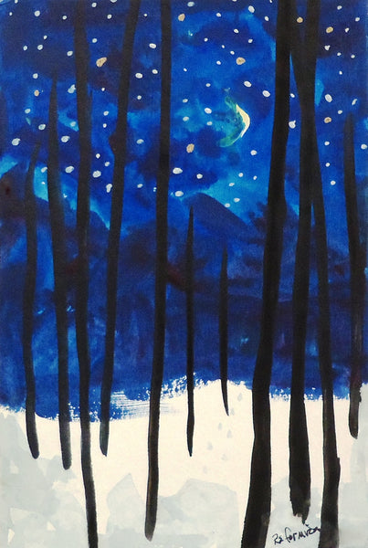 Lights Through the Trees, gouache & ink on paper painting by Cerulean Arts Collective Member Ruth Formica