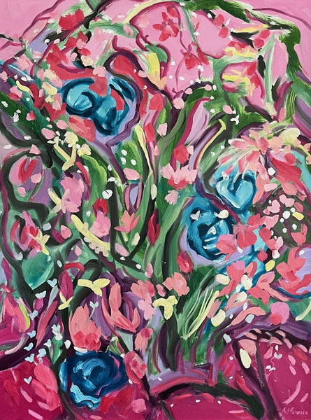 Colorful abstract painting with flowers on a pink background