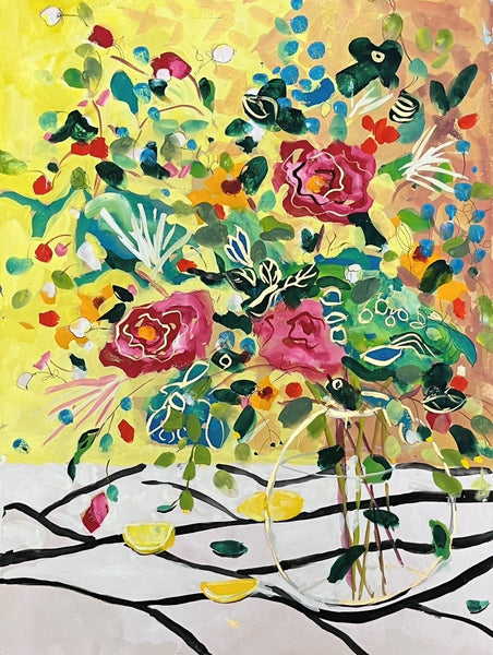 Colorful abstract painting with flowers on a yellow background