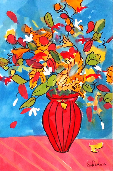 Red on Red, gouache & ink on paper painting by Cerulean Arts Collective Member Ruth Formica
