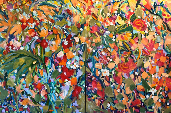 Abstract floral painting with vibrant colors and intricate details.