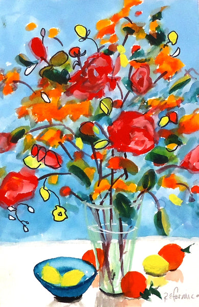 Still Life with Citrus, gouache & ink on paper painting by Cerulean Arts Collective Member Ruth Formica