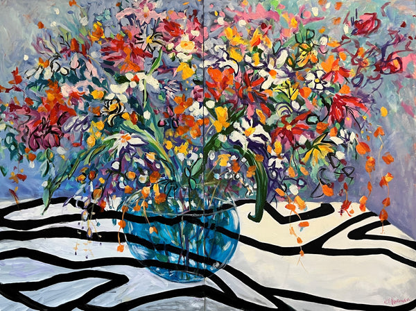 Colorful floral painting with a blue vase on a zebra-striped surface