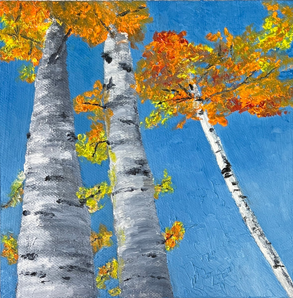 Painting of three aspen trees with autumn foliage against a blue sky.
