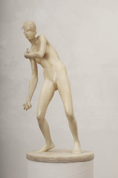 Bodily Rhetoric: The Athlete, microcrystalline wax, armature and plywood sculpture by Philadelphia artist Laura Frazure