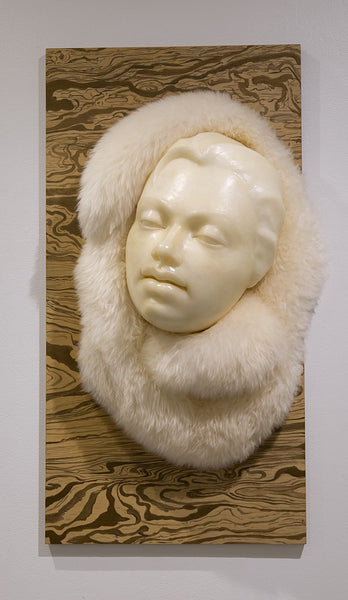 Te, microcrystalline wax, vintage fur and painted birch panel sculpture by Philadelphia artist Laura Frazure in collaboration with Caroline Furr, who designed and painted the backdrop panel