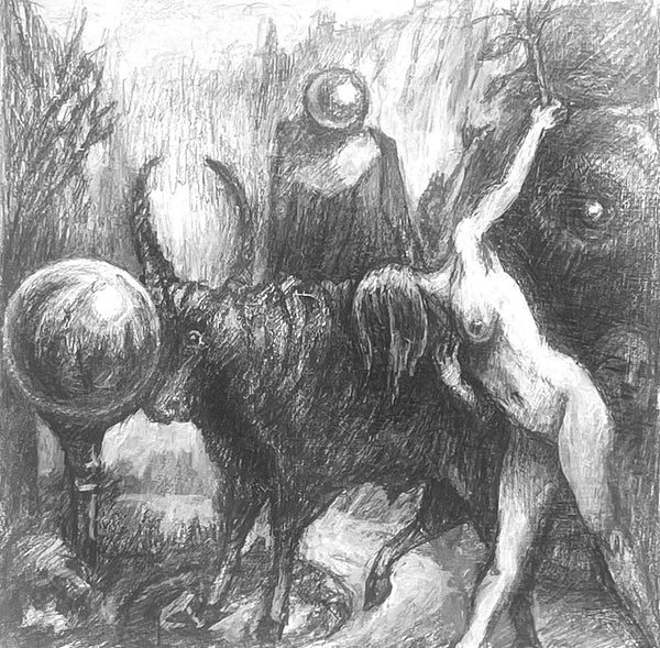A monochrome fantasy artwork showing a dark horned bull-like creature, a nude human figure with raised arm, and a spherical object in a sketchy, charcoal-like style.