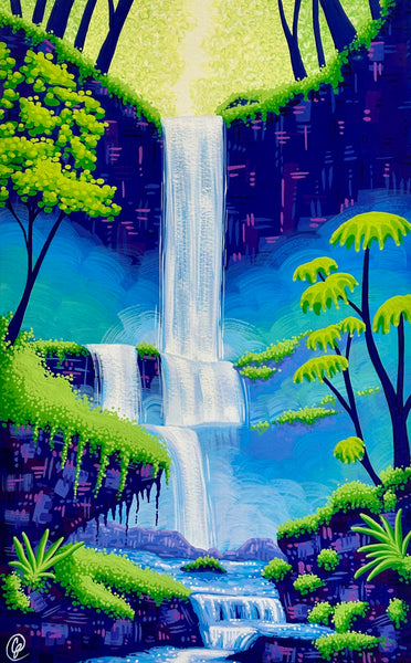 Colorful illustration of a waterfall in a lush forest