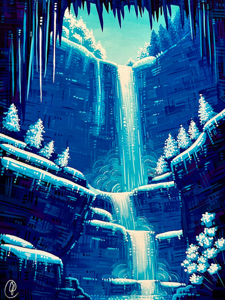 Frozen landscape painting featuring a cliffside, a waterfall with ice formations, and snow-covered trees