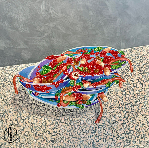Artistic depiction of a bowl with colorful food on a textured surface