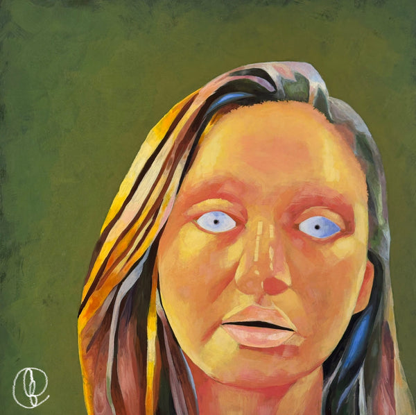 Artistic portrait of a person with blue eyes on a green background
