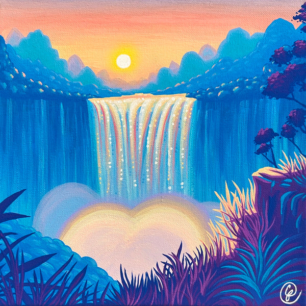 Colorful painting of a dream landscape with a waterfall and a sunset in the background