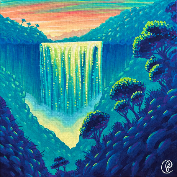 Colorful painting of a waterfall in a forest with a vibrant sky.