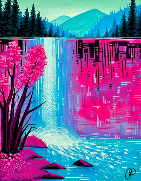 Colorful landscape painting with a tree, waterfall, and mountains