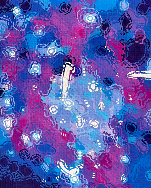 Abstract artwork with blue, pink, and purple hues