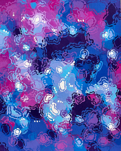 Abstract painting with patterns in blue and pink colors