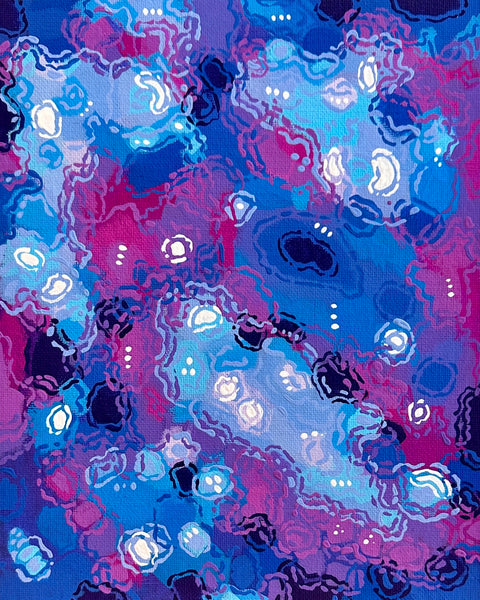 Abstract painting with patterns in blue and pink colors