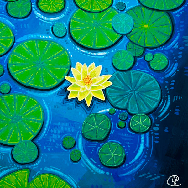 Painting of a yellow water lily surrounded by green lily pads on a blue background