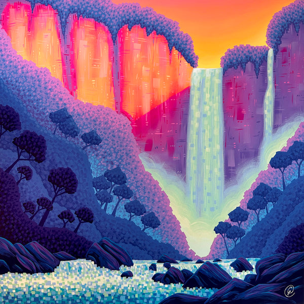 Colorful painting of a landscape with a waterfall and trees and different geometric patterns