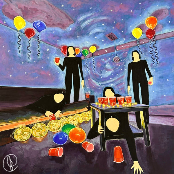 Artistic depiction of people at a party with balloons and drinks, stylized in a Surrealist manner.