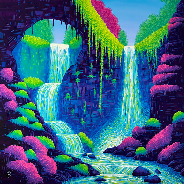 Colorful fantasy landscape painting with waterfalls and vibrant plants
