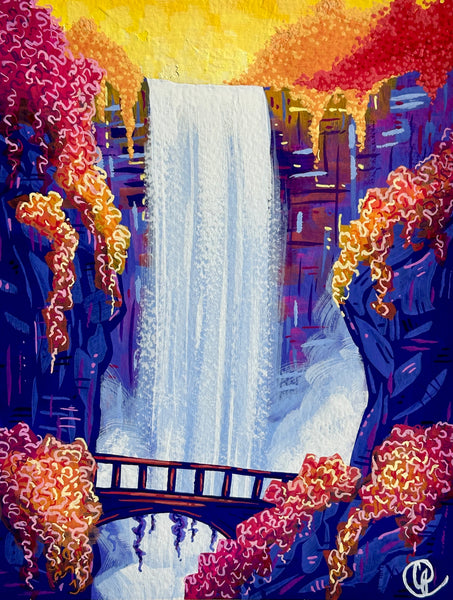 Colorful painting of a waterfall with a bridge and autumn foliage