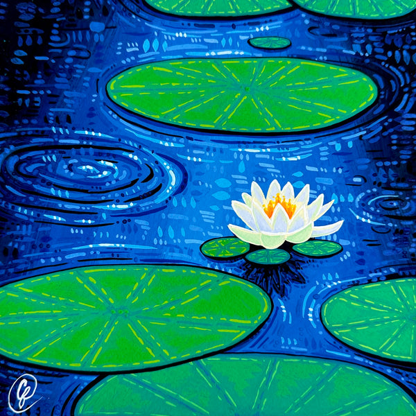 Painting of a white water lily flower on a blue pond with green lily pads