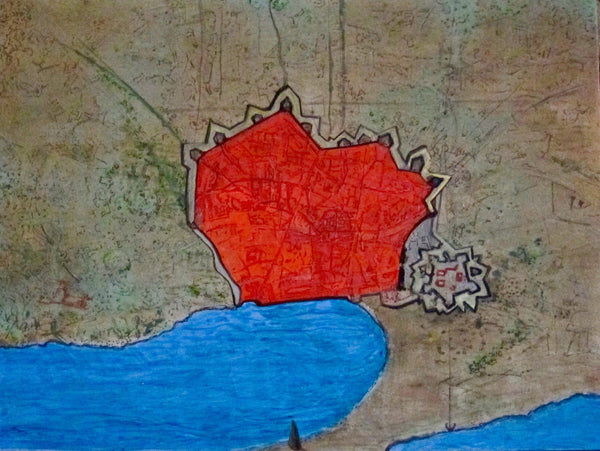 Map with a red highlighted area and a blue body of water