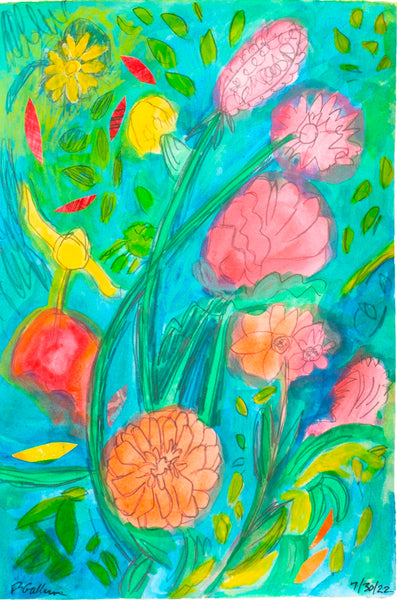 Flower Riot, gouache, pencil and collage painting by Cerulean Arts Collective Member Fran Gallun. 