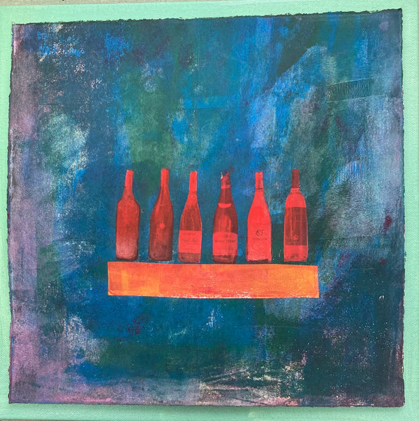 Artistic depiction of red bottles on a blue and green abstract background