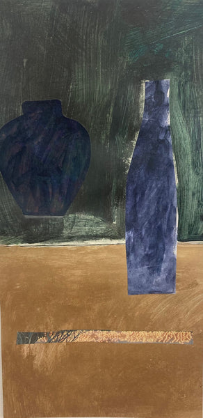 Two blue vases on a brown surface with a greenish background