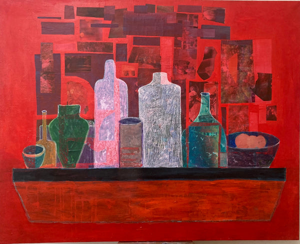 Artistic depiction of vases and bottles on a red background