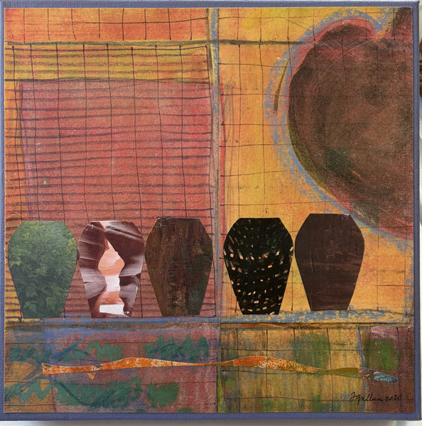 An abstract mixed-media painting featuring five stylized vase-like silhouettes in a grid-like composition with warm orange, yellow, red, green, and brown tones.