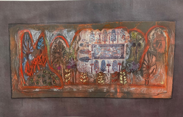 Decorative wall art with floral and abstract designs on a textured surface