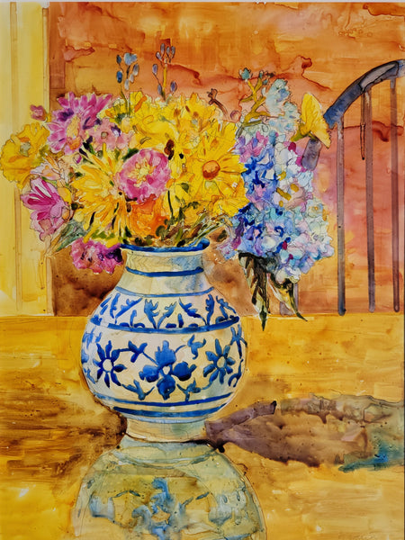 Vase with flowers on a wooden surface, watercolor painting 