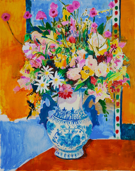 Bouquet in a Two-Handled Vase, oil on canvas painting by Cerulean Arts Collective member Bruce Garrity