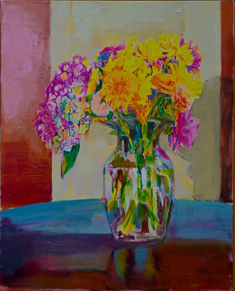 Bouquet with Purple Hydrangea, oil on canvas painting by Cerulean Arts Collective member Bruce Garrity