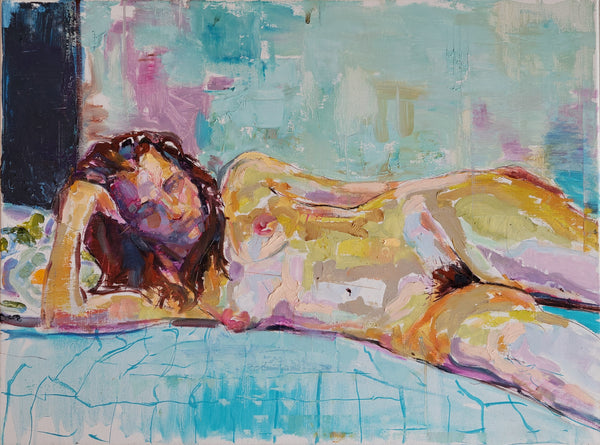 Nude on a Blue Drapery, oil on canvas painting by Cerulean Arts Collective member Bruce Garrity