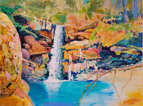 Pink Boulder and Fall, oil on linen painting by Cerulean Arts Collective member Bruce Garrity