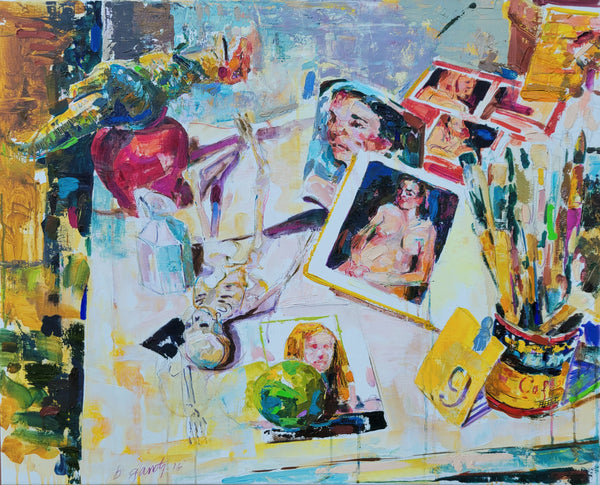 Colorful still life painting with various elements including a pot, brushes, and portraits.