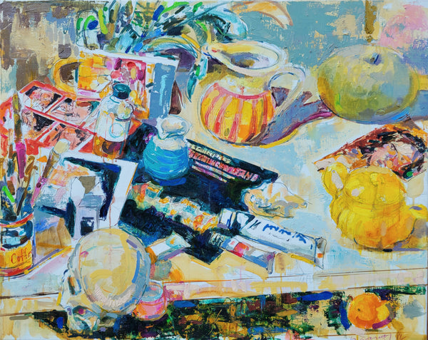 Colorful still life painting with teapots, books, and other objects on a table.
