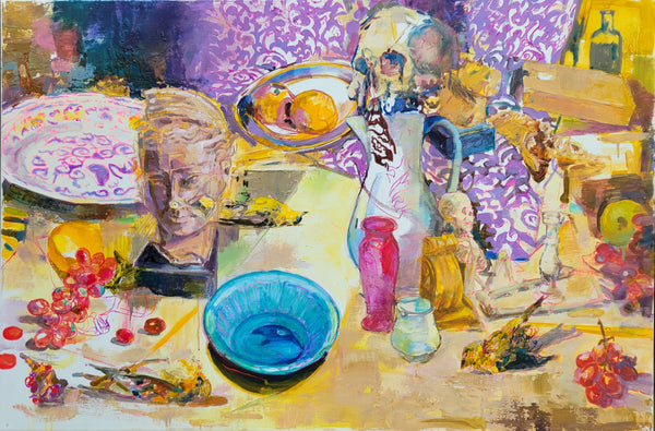 Colorful still life painting with various objects on a table