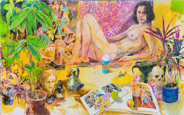 Artistic depiction of a nude figure surrounded by plants, objects, and books on a yellow surface.