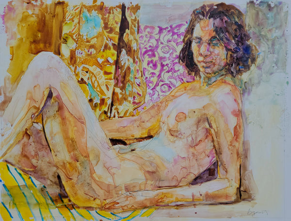 Artistic depiction of a nude figure with abstract patterns in the background