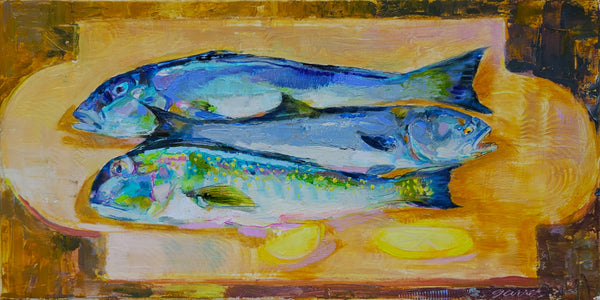 Three Fish on Marsden's Cutting Board, oil on canvas painting by Cerulean Arts Collective member Bruce Garrity