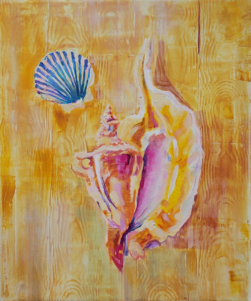 Two Shells on a Wood Floor, oil on canvas painting by Cerulean Arts Collective member Bruce Garrity