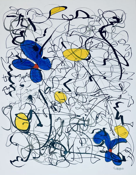 Abstract artwork with blue and yellow flowers on a light gray background
