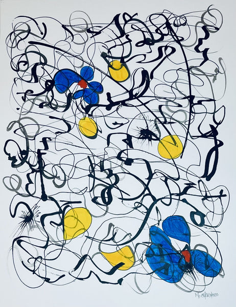 Abstract artwork with blue flowers and black lines on a white background