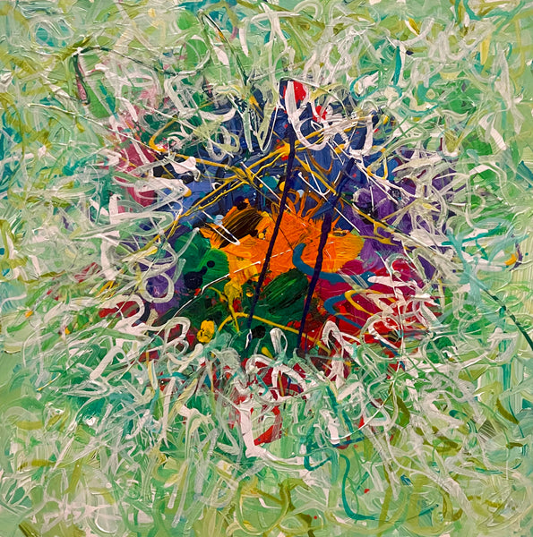 Abstract painting with a central figure surrounded by colorful brush strokes on a green background